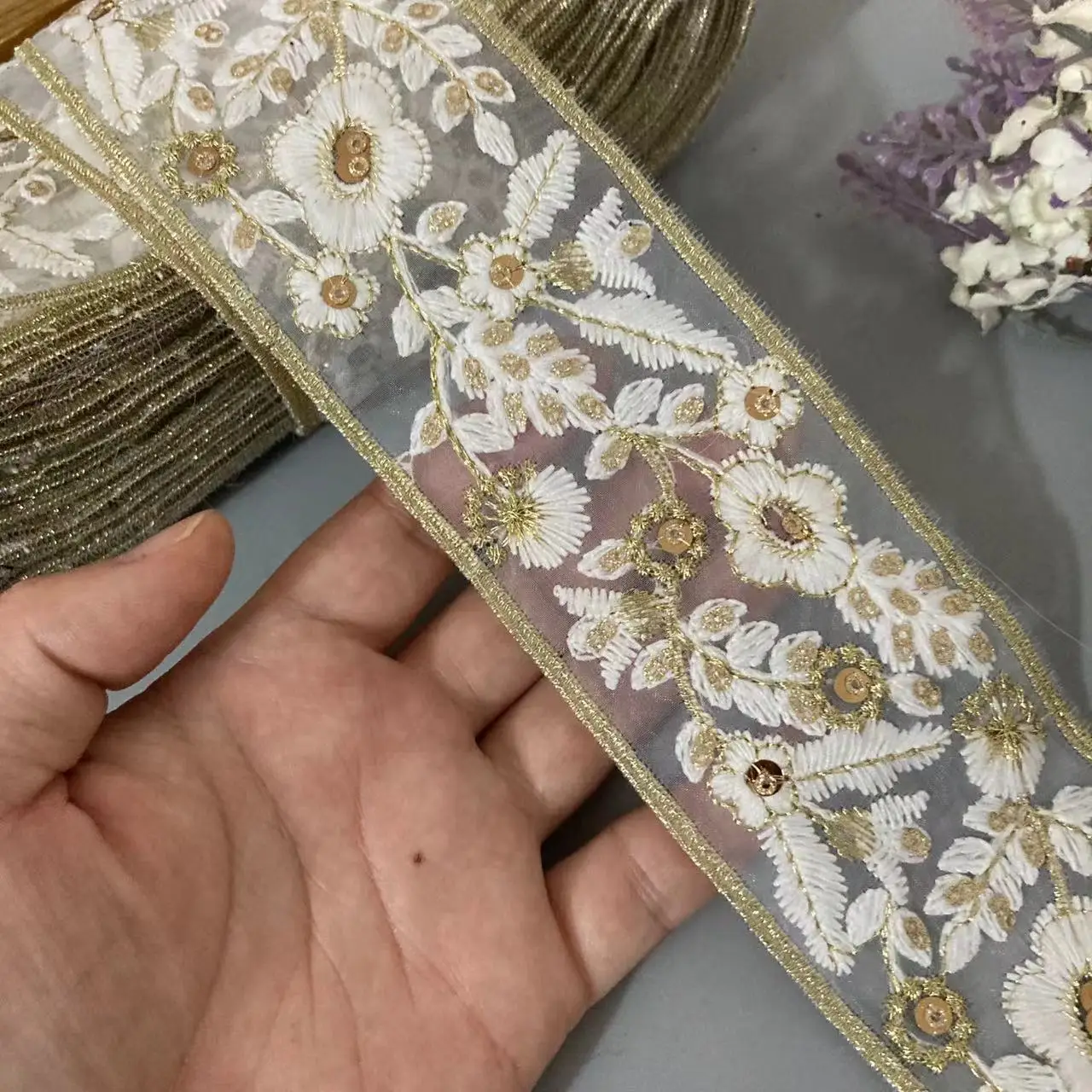 

1 Meters Flower 5.5cm Wide Gauze Vintage Lace Edge Trim Ribbon Embroidery Gold Thread Curtain Garment Accessories