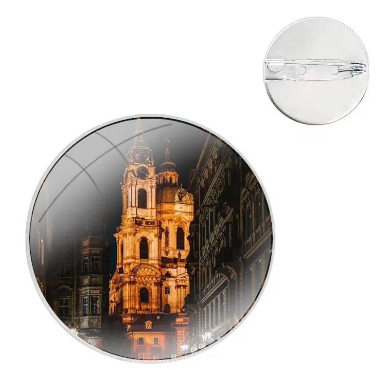 Prague Europe Prettiest Bridges City Glass Dome Brooches Shirt Lapel Bag Cute Badge Pins For Clothes Hat Accessories