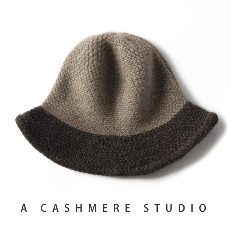 

High-Quality Pure Cashmere Bucket Hat Women's Fashion Autumn and Winter Hat Fashion Elegant Knitted Patchwork Color Bucket Hat