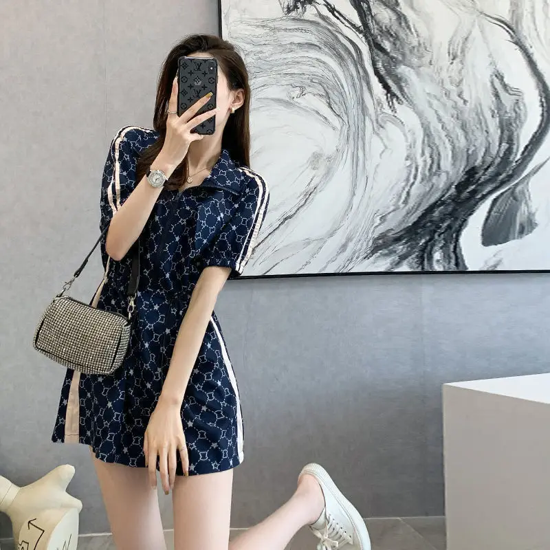 Summer Vintage Print Aesthetic Fashion Playsuits Women Short Sleeve Sexy Sweet Kawaii Lady Rompers Chic Casual Female Clothes