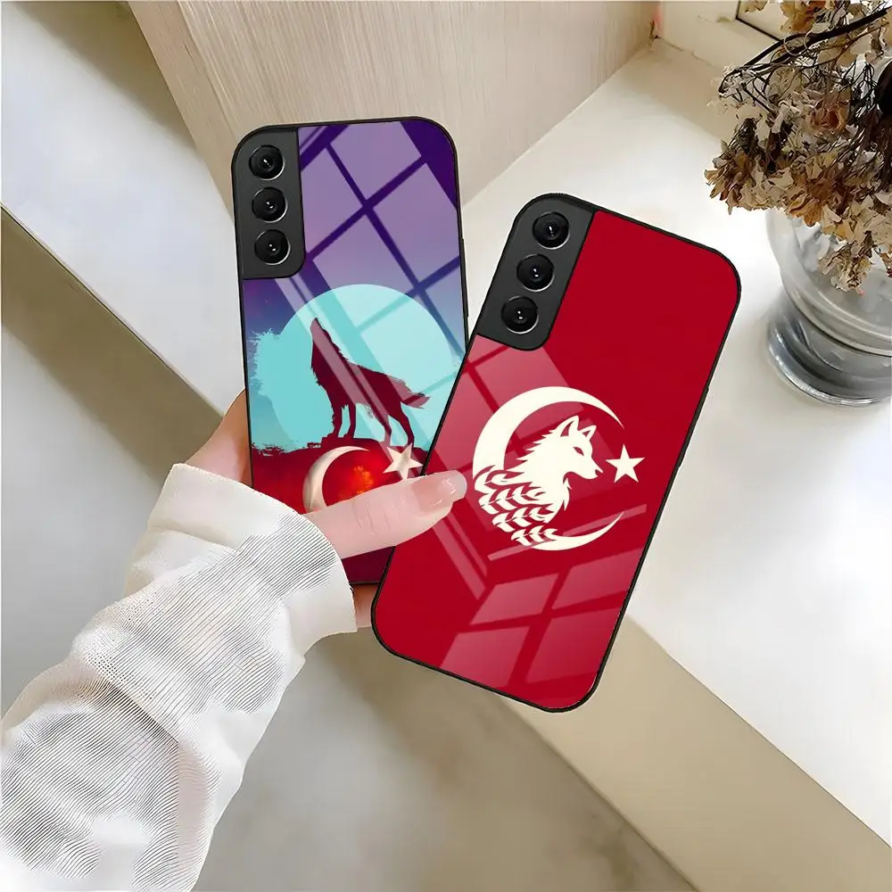 T-Turk Wolf Turkey Flag Phone Case For Samsung S26 S25 S24 FE S23 S22 S21 Plus S20 Ultra Note20Ultra Black Glass Cover