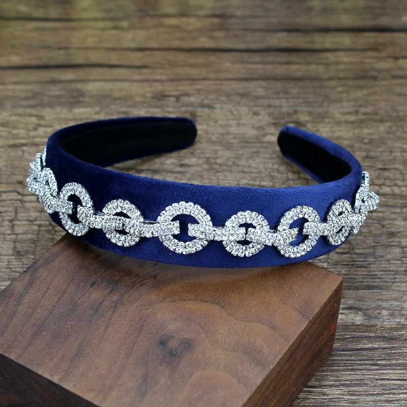 Luxury Sparkly Round Crystal Baroque Headbands Velvet Navy Hairbands For Women Rhinestone Hair Accessories