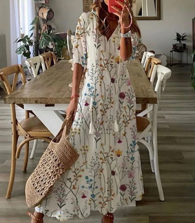 2023 Boho Lange Kleid Frauen Sommer Vintage Floral Print V-ausschnitt Urlaub Strand Maxi Weibliche Kleid Casual Kordelzug Lose Vestidos