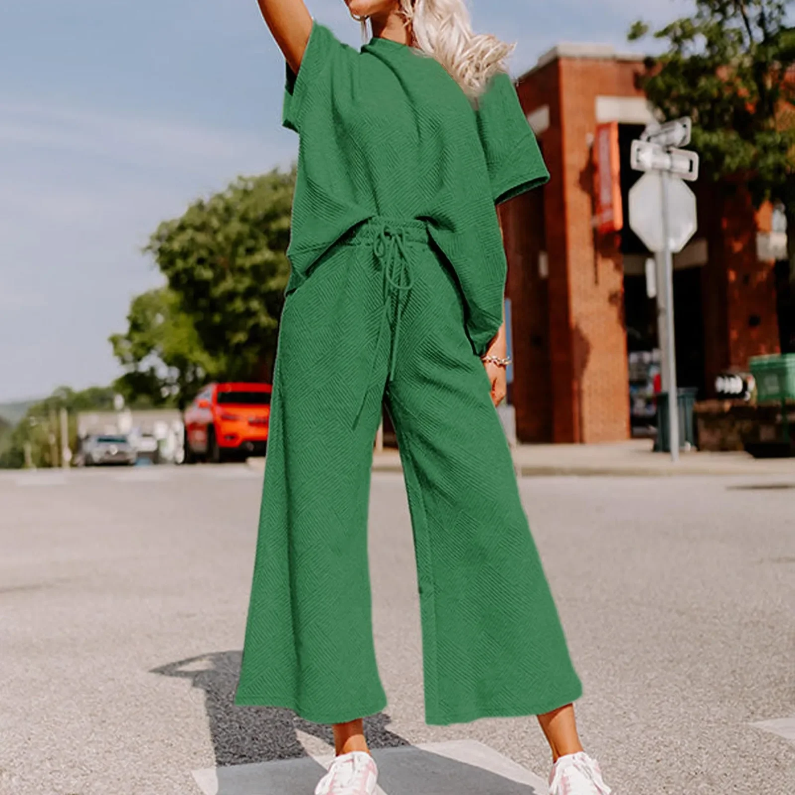 

Solid Color Texture Loose Women Sets Two Piece 2024 Round Neck T-shirt And Drawstring Pants Outfits Summer Short Sleeve Suit