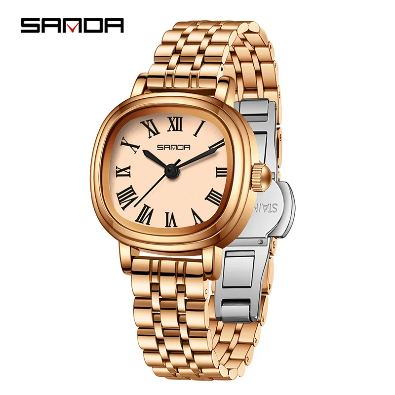 Sanda 1137 Vrouwen Quartz Horloge Mode Elegant Rose Goud Eenvoudig Romeinse Analoge Display Roestvrij Stalen Band Polshorloge Voor Dames