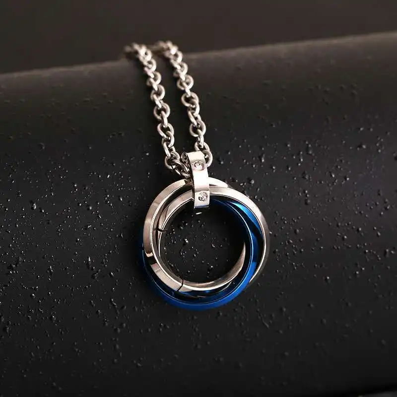 Titanium Steel Three Circle Ring Mens Pendant Inlaid Ring Buckle Personality Pendant Necklace Featured Daily Accessories Gift