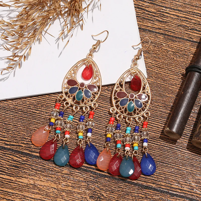 Vintage ethnische lange Tropfen Öl Blume Perlen Quaste Ohrringe für Frauen Boho Gold Farbe hohle Acryl Wasser Tropfen baumeln Ohrringe – Detail 3