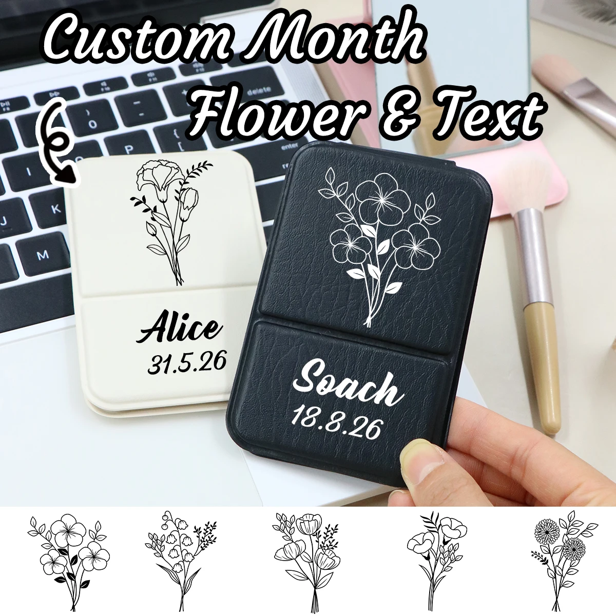 Personalisierter Taschenspiegel mit Geburtsblume, Anpassbarer Reise-Kosmetikspiegel, Geburtstagsgeschenke, Valentinstag, Muttertag