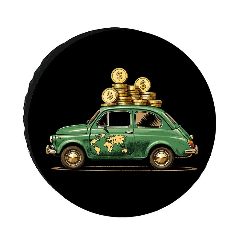 

Wealth World Map Vintage Car Tire Cover Money Coins Travel Spare Wheel Protector
