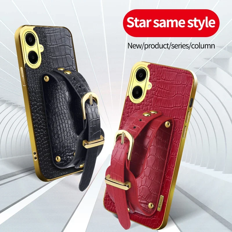 

For Samsung Galaxy A06 A04e A05s Crocodile Pattern Leather Phone Case Silicone Soft Back Cover Cases With Stand Wrist Strap