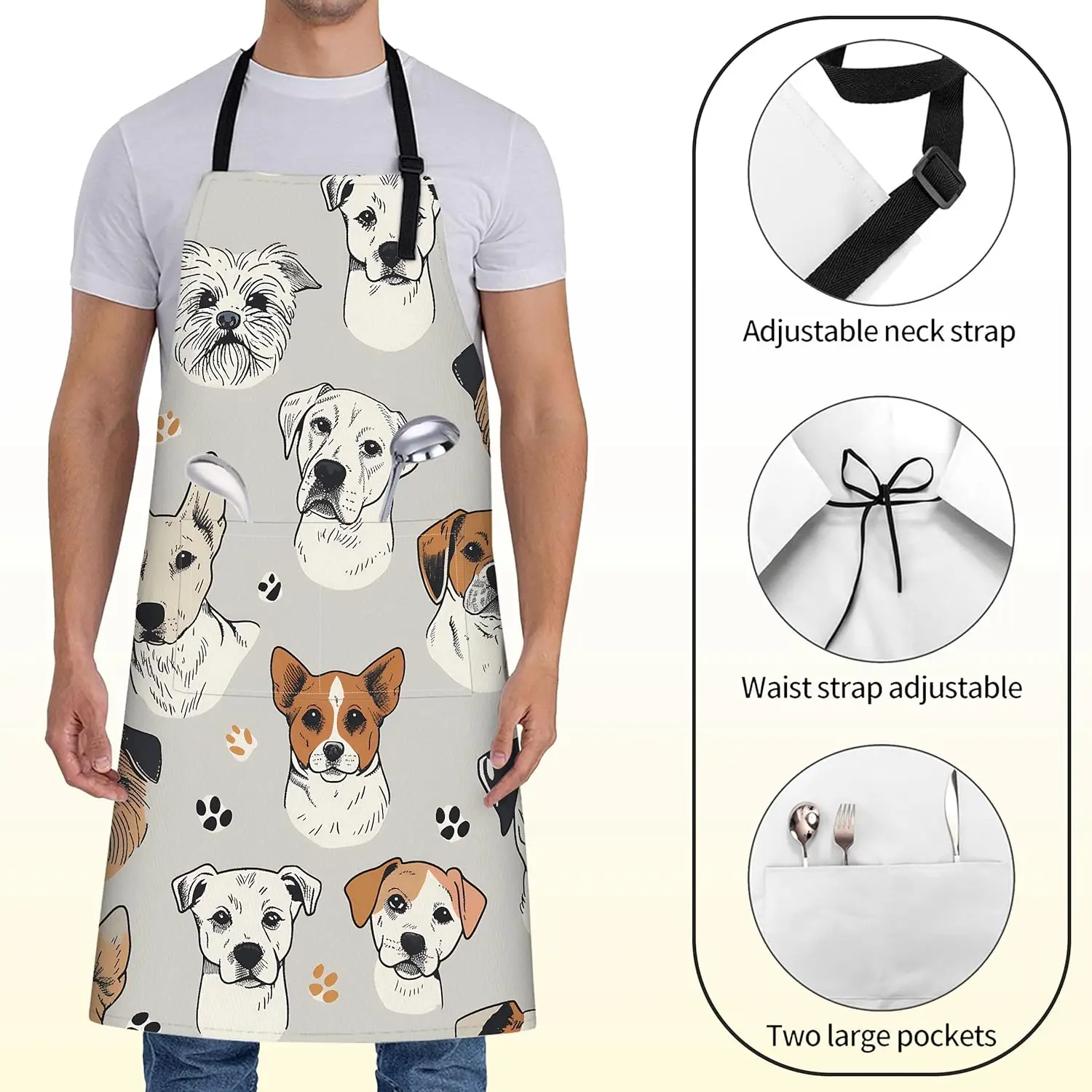 Cute Dog Face Apron for Women Fun Puppy Kitchen Aprons with 2 Pockets Pet Lovers Adjustable Apron for Cooking Baking Gardening