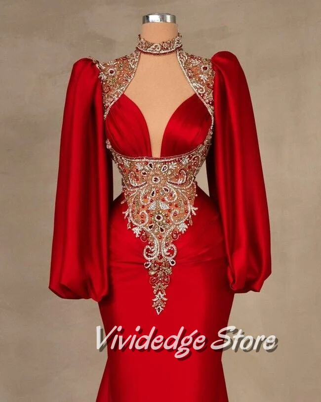 Customized Red Luxury Elegant Wedding Dress Fairy High Neck V Neck Long Sleeve Beaded Studded Crystal Fishtail Ruffled Bridal