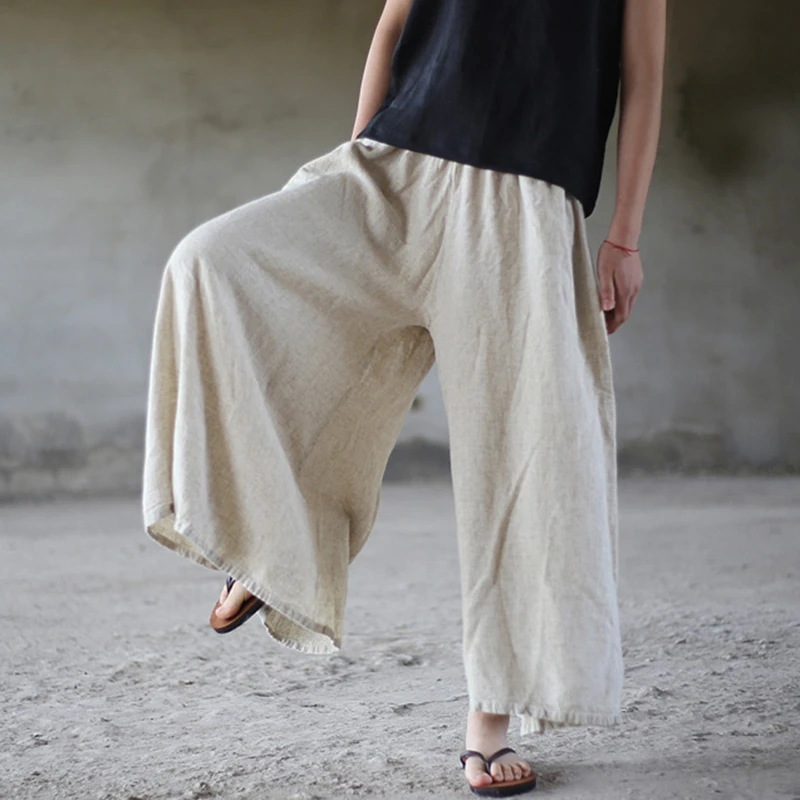Women Cotton Linen Wide Leg Pants New 2025 Spring Vintage Style Plain Color Loose Comfortable Female Casual Trousers M837