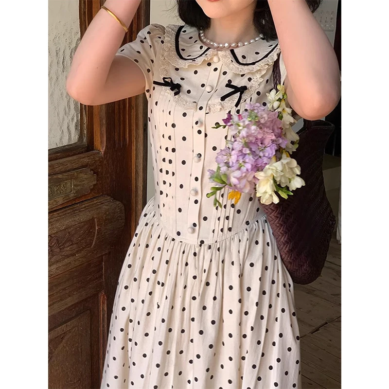 Sukienka midi w kropki vintage damska kawaii kokarda koronkowa sukienka letnia elegancka koreańska bufiaste krótkie rękawy obcisła vestidos