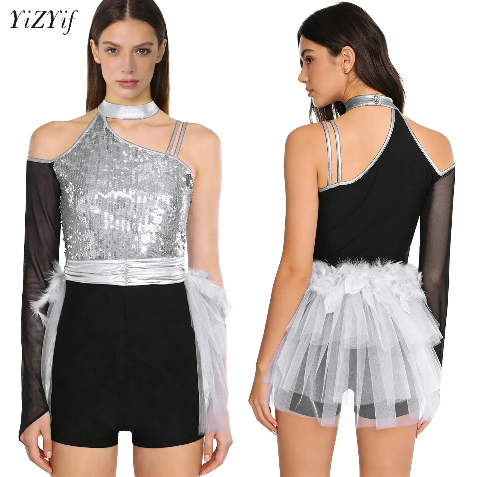 

Womens Feather Skirted Leotard Tiered Tulle Tutu Ballet Leotard Dress Adults Gymnastics Bodysuit Teens Latin Dance Costume