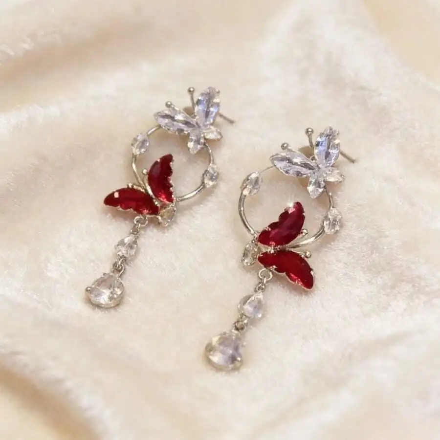 

Blood Red Butterfly Drop Earrings With Crystal Tassels Fashion Jewelry For Women