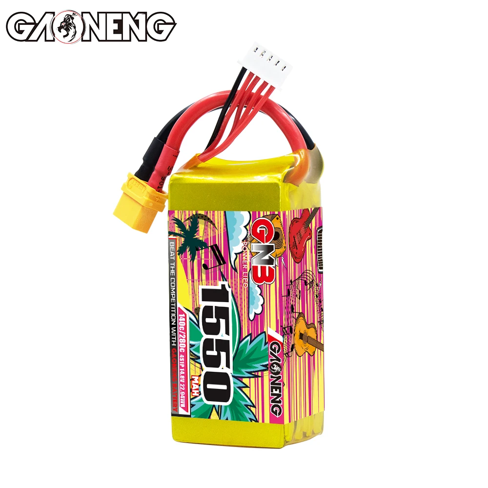 Batería de litio GAONENG GNB 4S 14,8 V 1550 mAh 140C con conector XT60, adecuada para drones FPV y cuadricópteros.