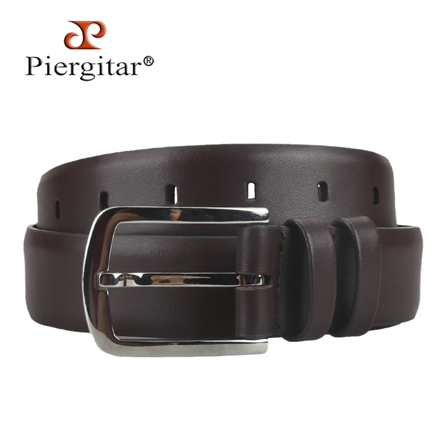 Piergitar Business Elites Classic Style Dark Brown Cow Leather Needle Buckle Men's Belt For Workplace Commuting Formal Attire