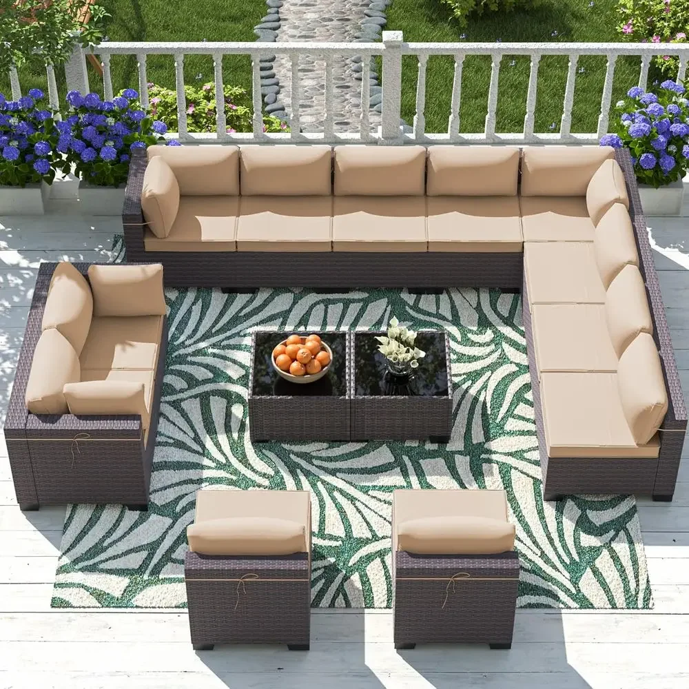 

14-Piece All-Weather PE Rattan Outdoor Sectional Set with Tempered Glass Table and Cushions (Brown)