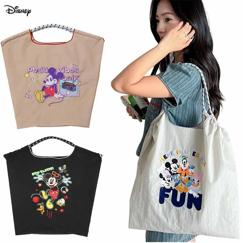 Disney Kawaii Mickey Japanese Ball Chain Embroidered Canvas Bag Anime Nylon Handbag Commuter Shopping Bags for Y2K Girl Gift Toy