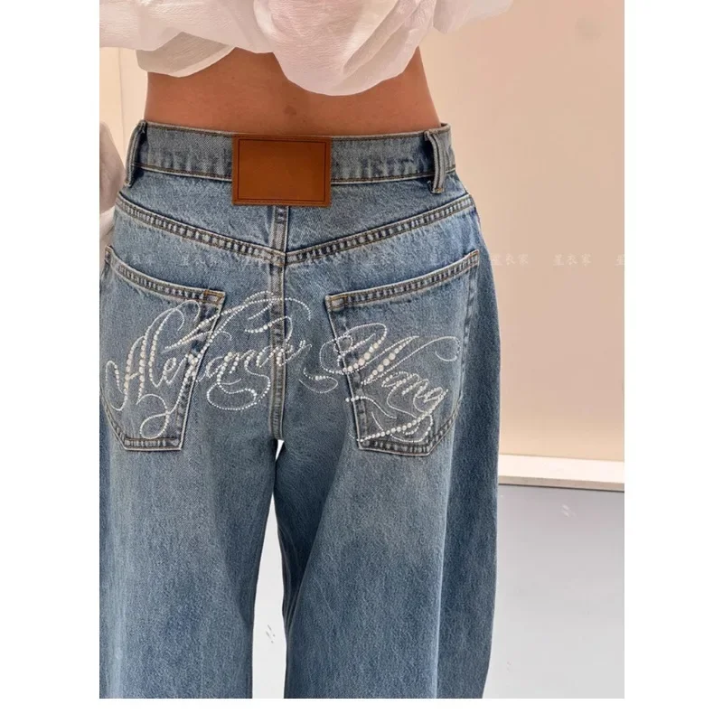 

Blue Jeans Women's Y2K Retro Jeans Back Flash Diamond Bent Knife Pants Niche High End Classic Letter Hot Stamping