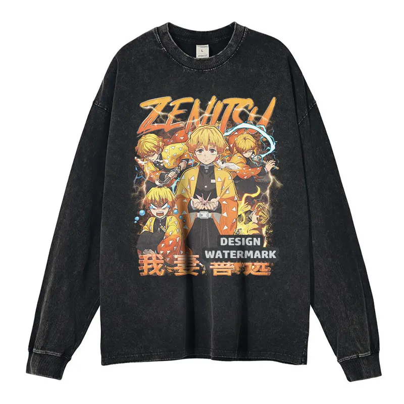 

D-Demon S-Slayer Long Sleeve T-shirt Anime Tanjirou Zenitsu Nezuko Vintage Washed Manga Sweatshirt Oversized Men Girl Cotton