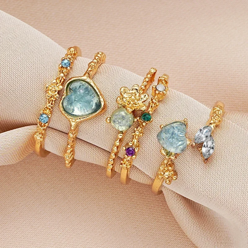 2024 Fashion Jewelry Crystal Rings Heart Adjustable Ring Irregular Geometry Punk Vintage Rings Set for Women Girls Hot Sales image 4