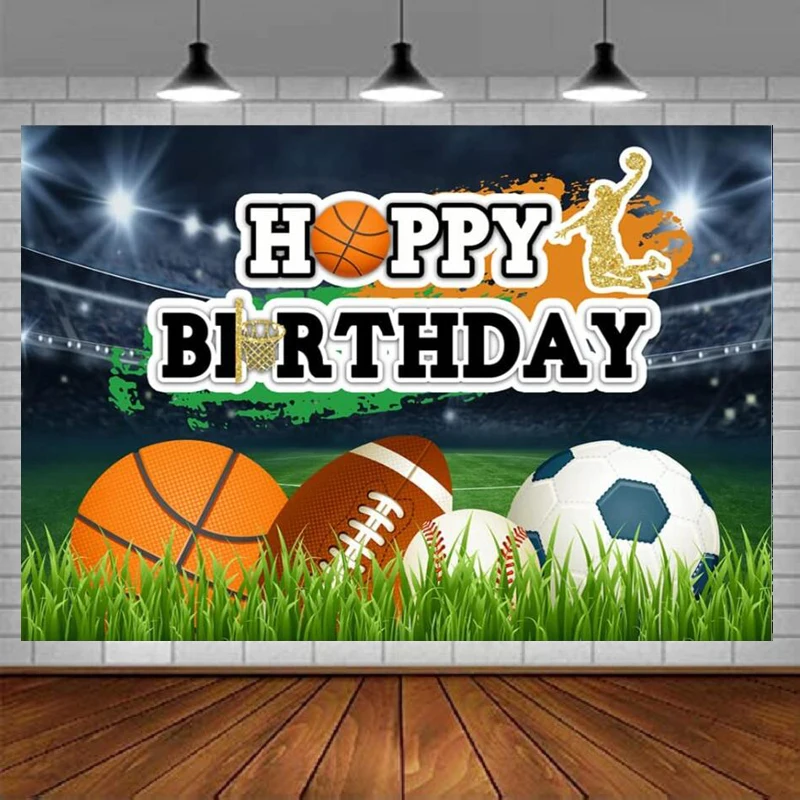 Ball Sports Happy Birthday Party Photography Backdrop Kids Boys Stadium Game Lawn Background Baseball Football Basketball Decor