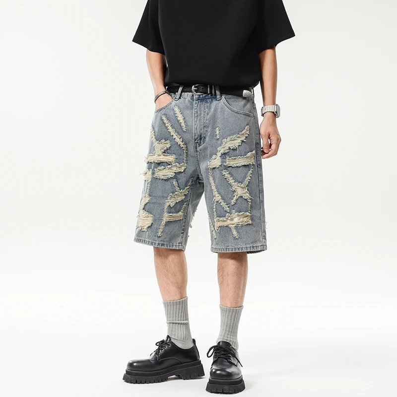 

9063 Summer personality holes thin ins high street fashion brand loose all-matching jeans five points jeans