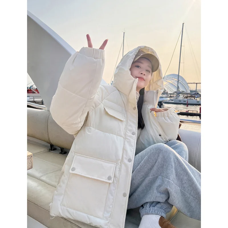 

Beige Down Jacket Women Coat Solid Fashion Hooded American Streetwear Y2K Style Duck Down Feather Female Winter Black Outwear