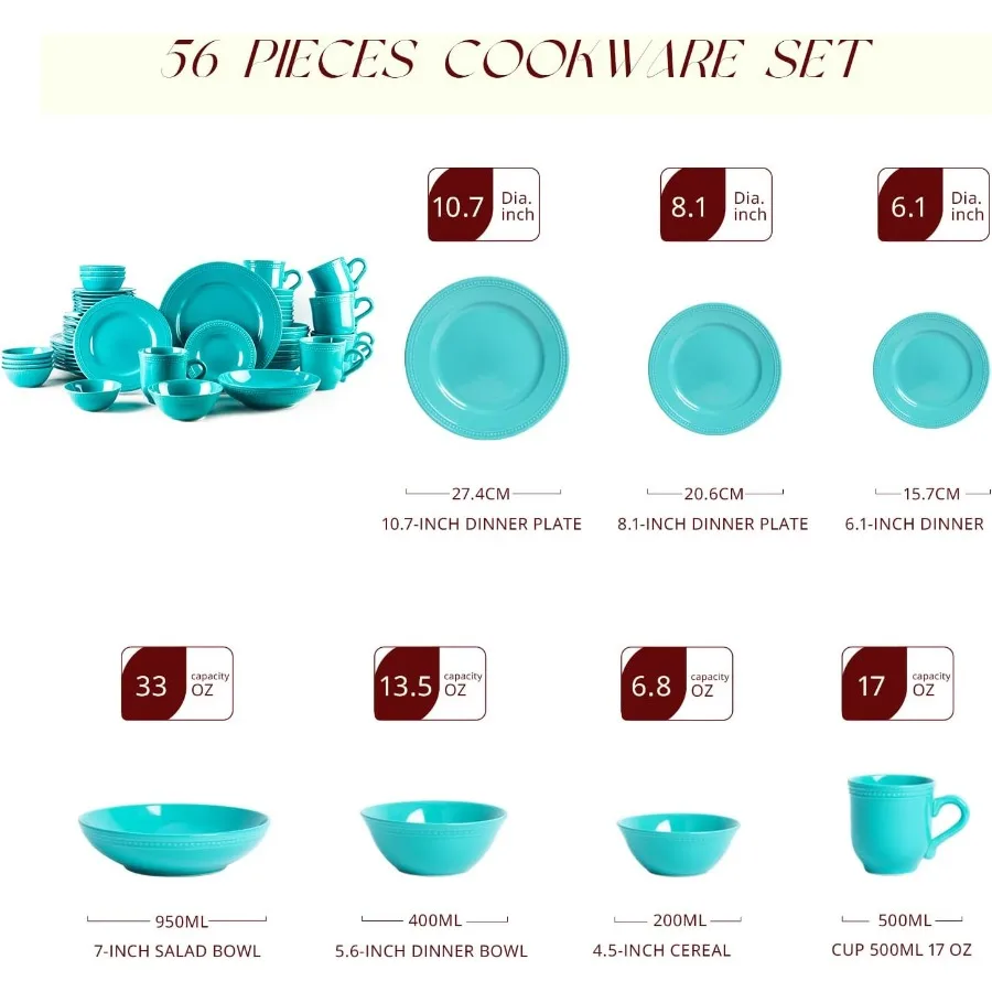 طقم أواني طعام من الخزف الحجري بنقاط لؤلؤية طقم فيروزي 56 قطعة #2