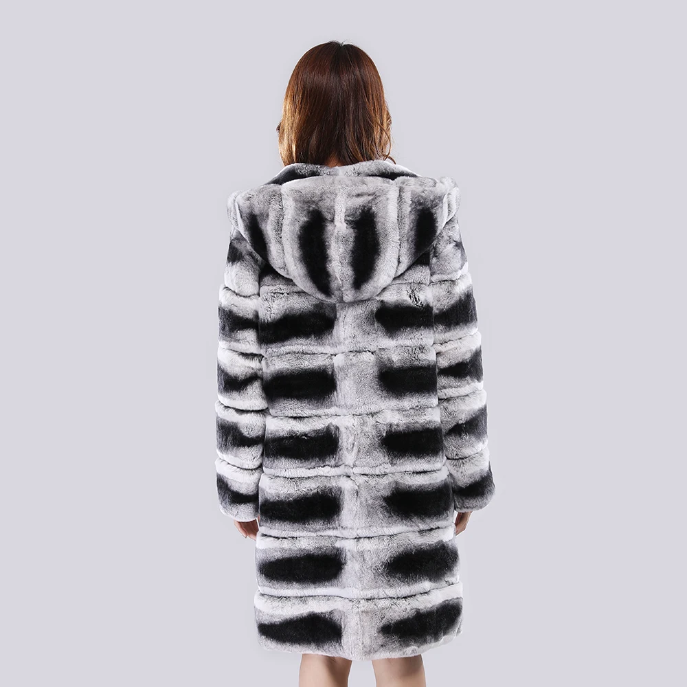 New Real Fur Coat With Hood Jacket Long Winter Coat Large Fur Hood Rex Rabbit Chinchilla Fur Hooded Jacket Women Real Fur Coat