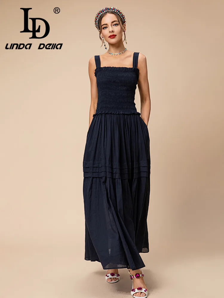 LD LINDA DELLA Summer Runway Fashion Vintage Dress Women's Suspender Tube top  Elastic Waist Splice Draped Travel Long Dress