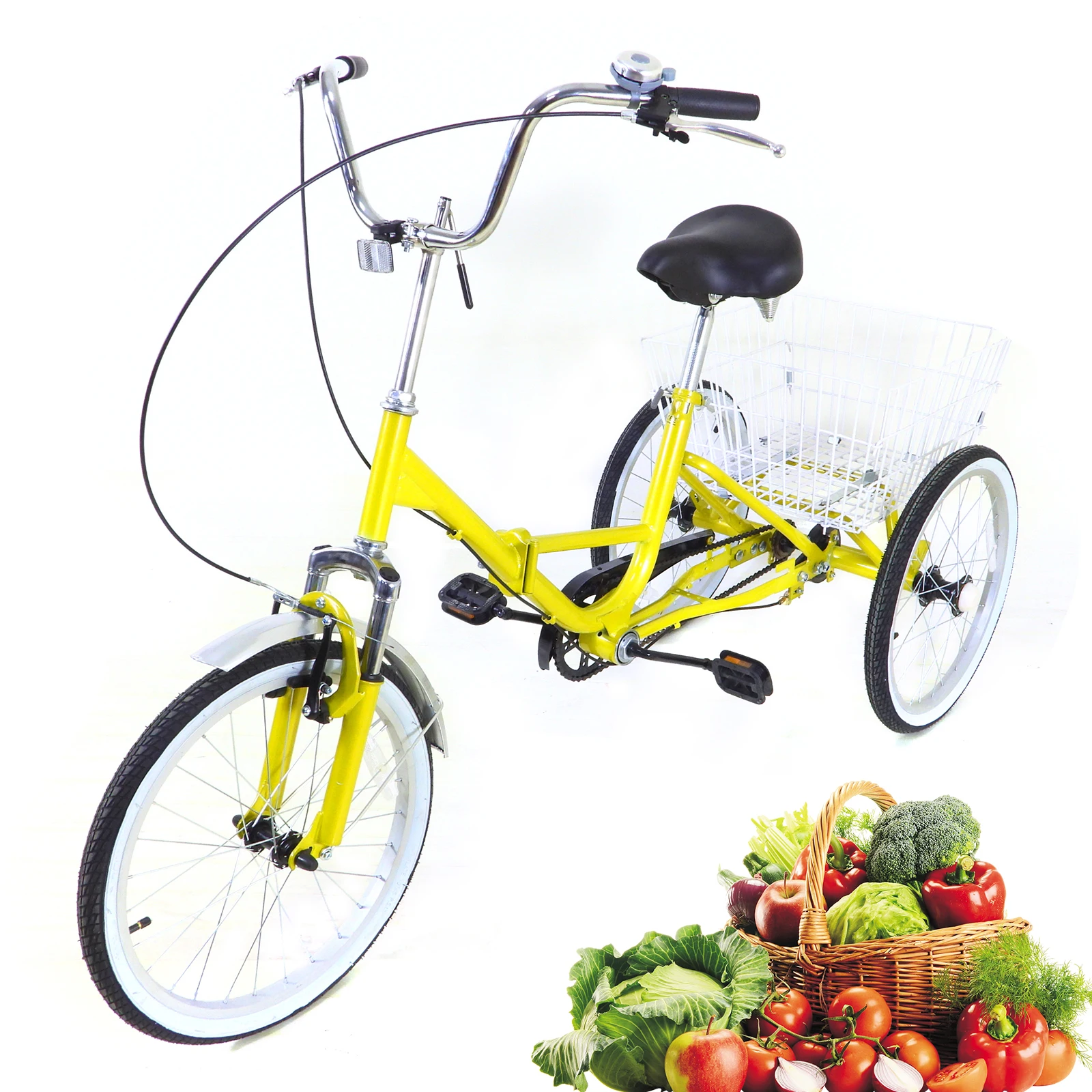 20 Inch Foldable U-shaped Tricycle Single Speed Yellow Tricycle Three-finger Brake 3-Wheel Bike Shopping Tricycle with Basket