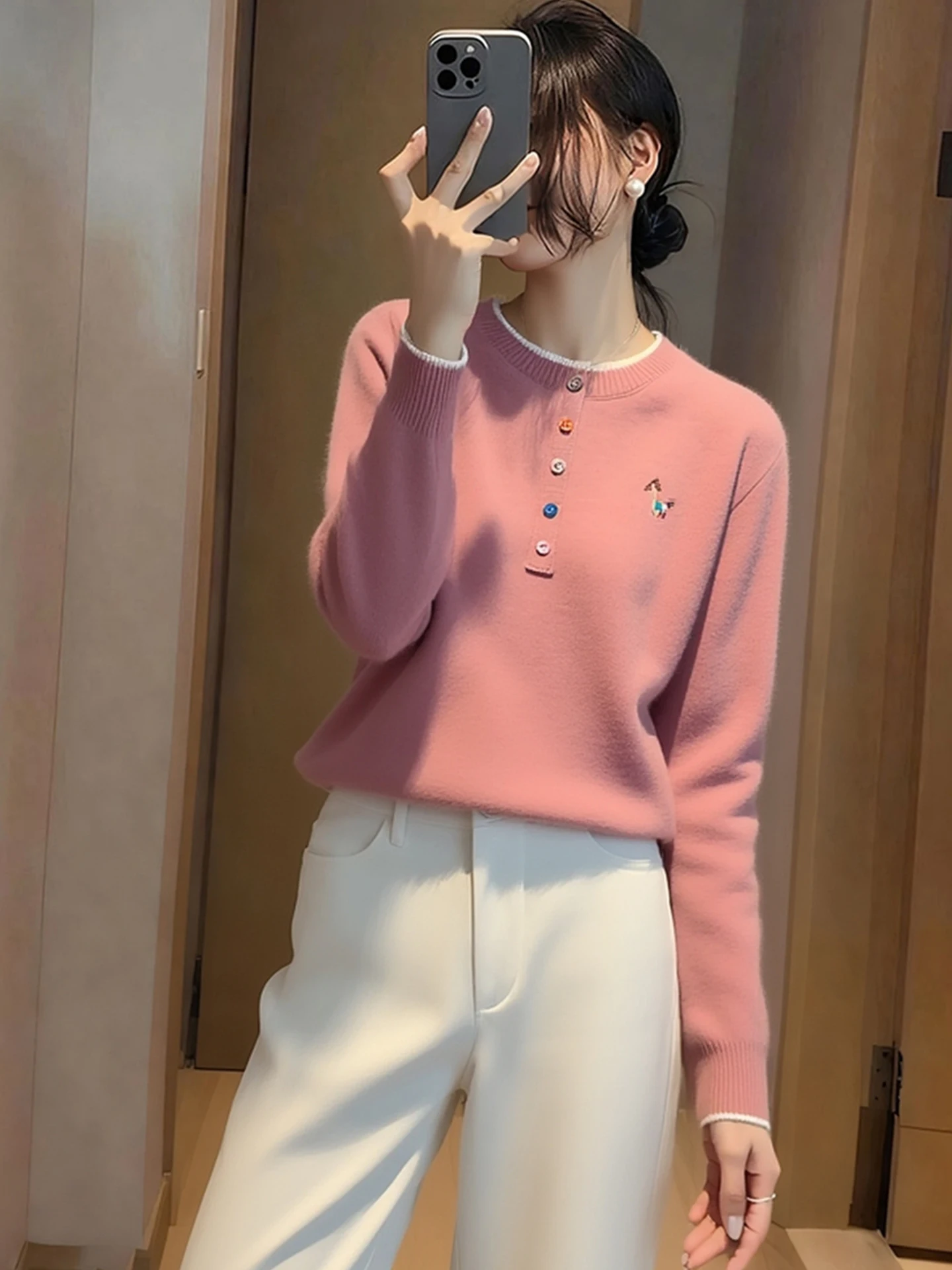 

Женский вязаный топ Ele Simple с круглым вырезом, на пуговицах, с длинными рукавами, розовый, модный, для повседневной носки, в корейском стиле, свободного кроя