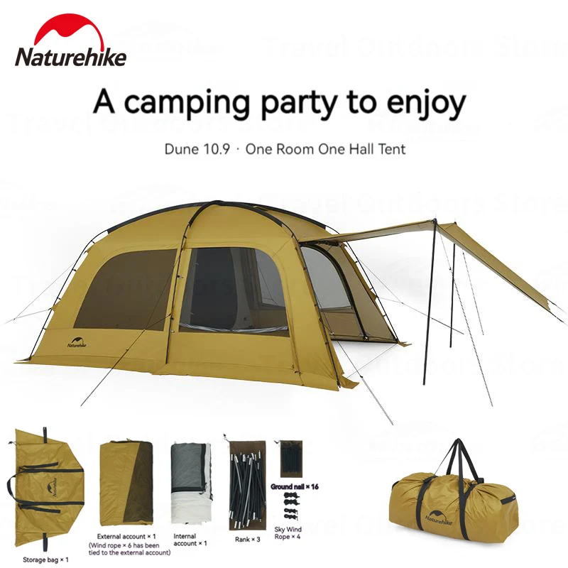 Naturehike Dunes 10.9 Outdoor Camping 1 Bedroom 1 Hall Ridge Tent 75D Waterproof Double Layer Mesh Yarn Tent With Chimney Mouth 