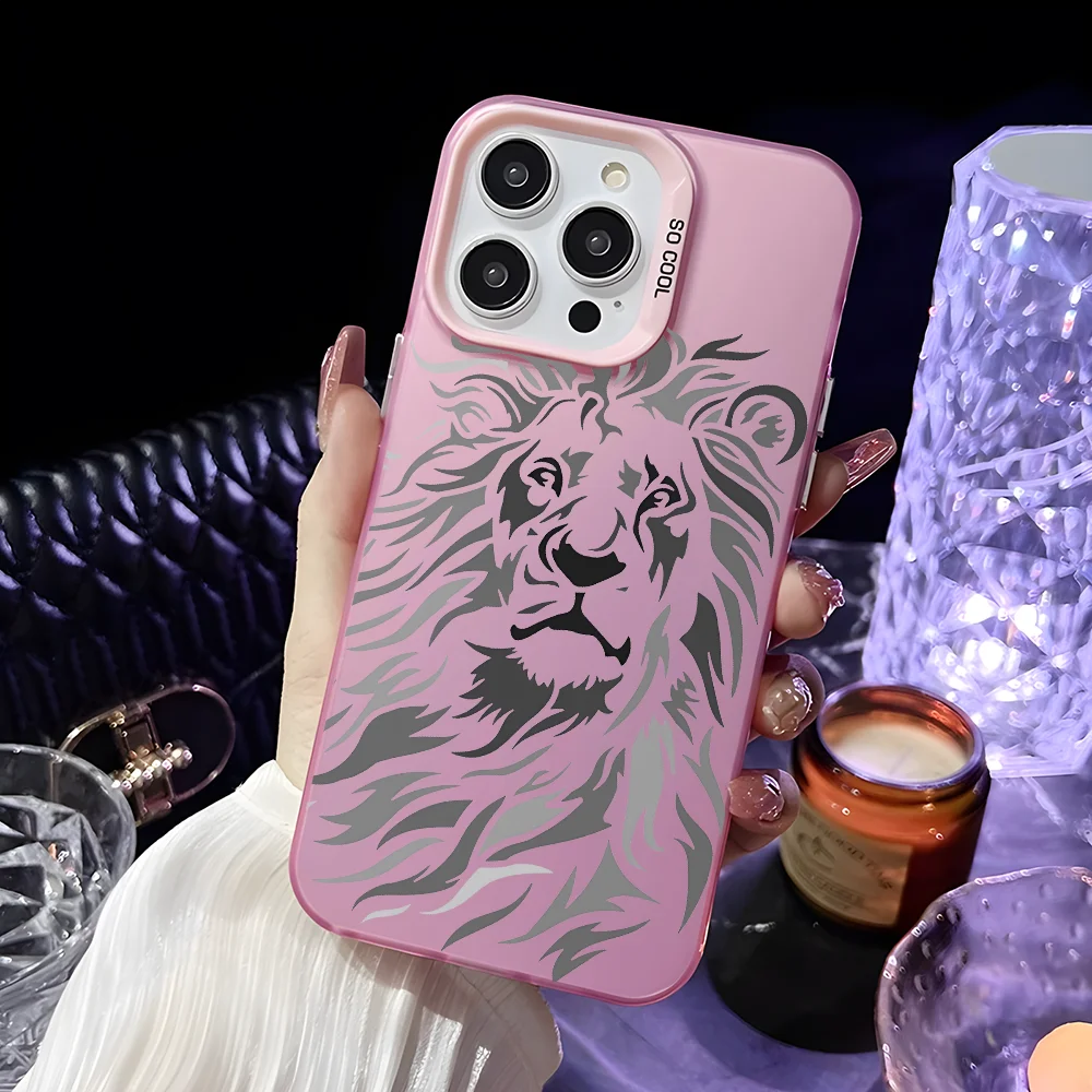 Lion Head Pattern Phone Case For IPhone 16 15 14 13 12 11 Pro Max Pink Green Matte Laser Metallic Aurora Funda