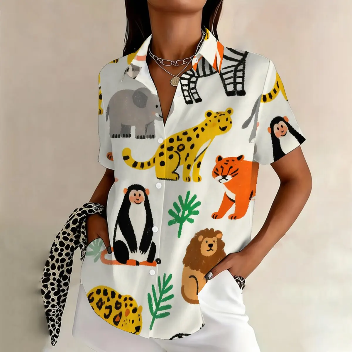 

Персонализированная минималистичная летняя женская рубашка больших размеров с короткими рукавами и принтом животных, модный повседневный универсальный топ