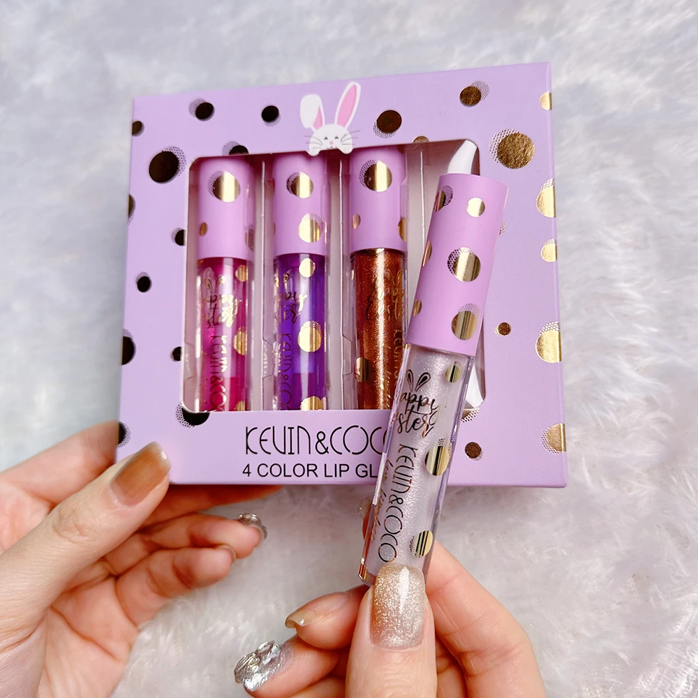 KEVIN&COCO 4 Lip Gloss Gift Set Pink Purple Metallic Lip Gloss Fine Twinkle Lips Plump Lips Affordable gift set