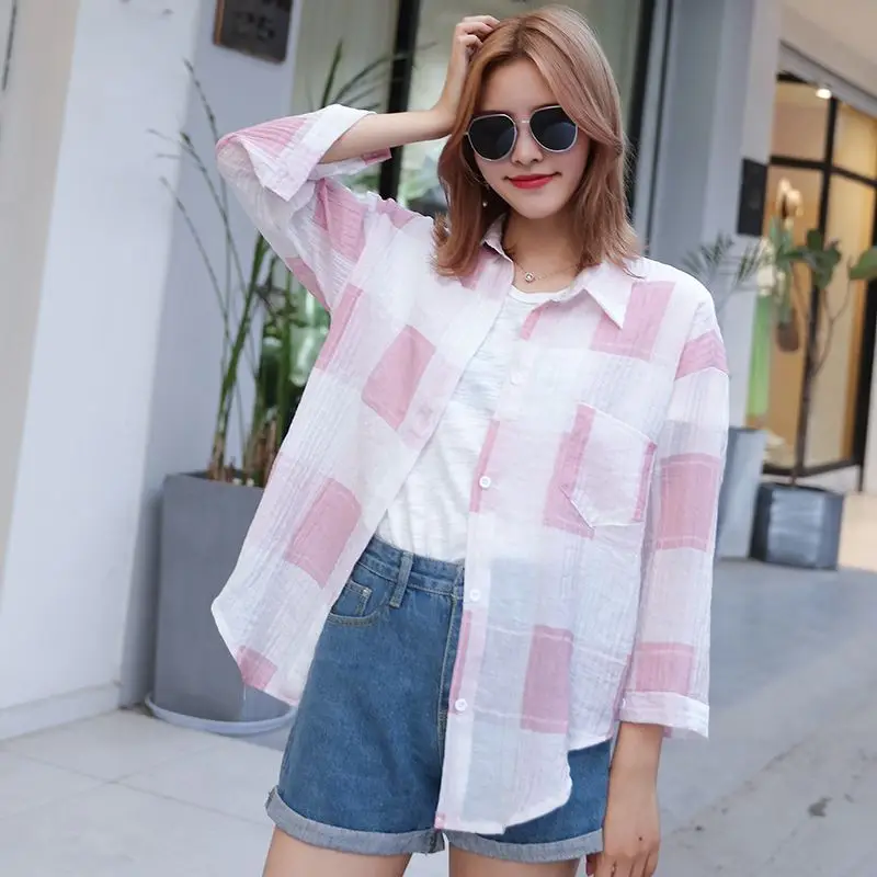 Turn-down Collar Comfortable Sports Button Plaid Blouses Three Quarter Sleeve Spring Summer Thin Loose Casual Women\'s Clothing