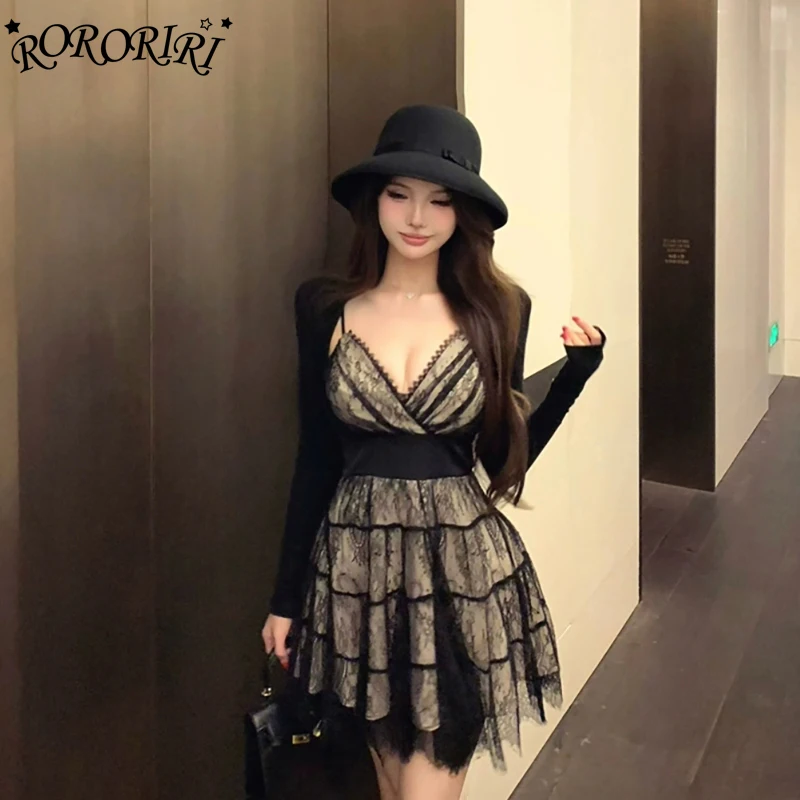 

RORORIRI Desire Stitch кружевное мини-платье кардиган женский комплект с длинными рукавами топ с открытой спиной и v-образным вырезом на бретельках платье серая одежда в стиле ретро