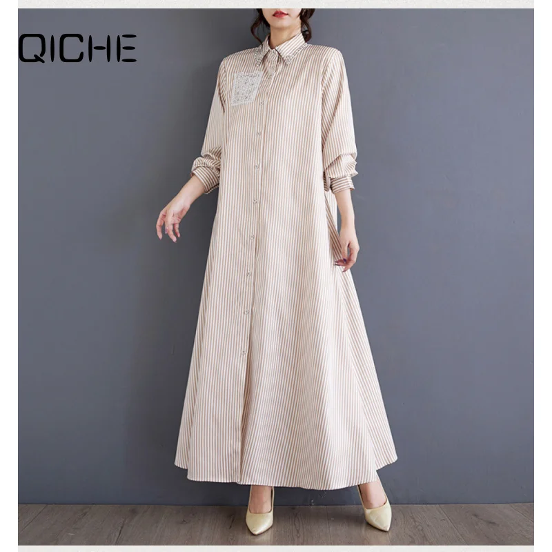 QICHE 2026 New Autumn Ladies Elegant Midi Dress Loose Silhouette Art Craft Rhinestone‑Inlaid Long Dress