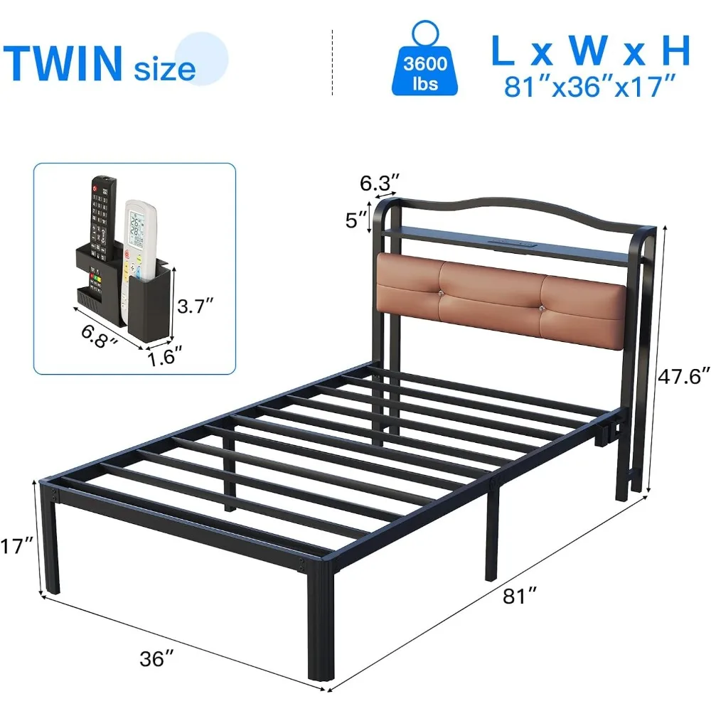 Single Bed Frame with Headboard Charging Station, Black Single Bed Frame, No Spring Mattress Required, Metal Singles Beds Frames