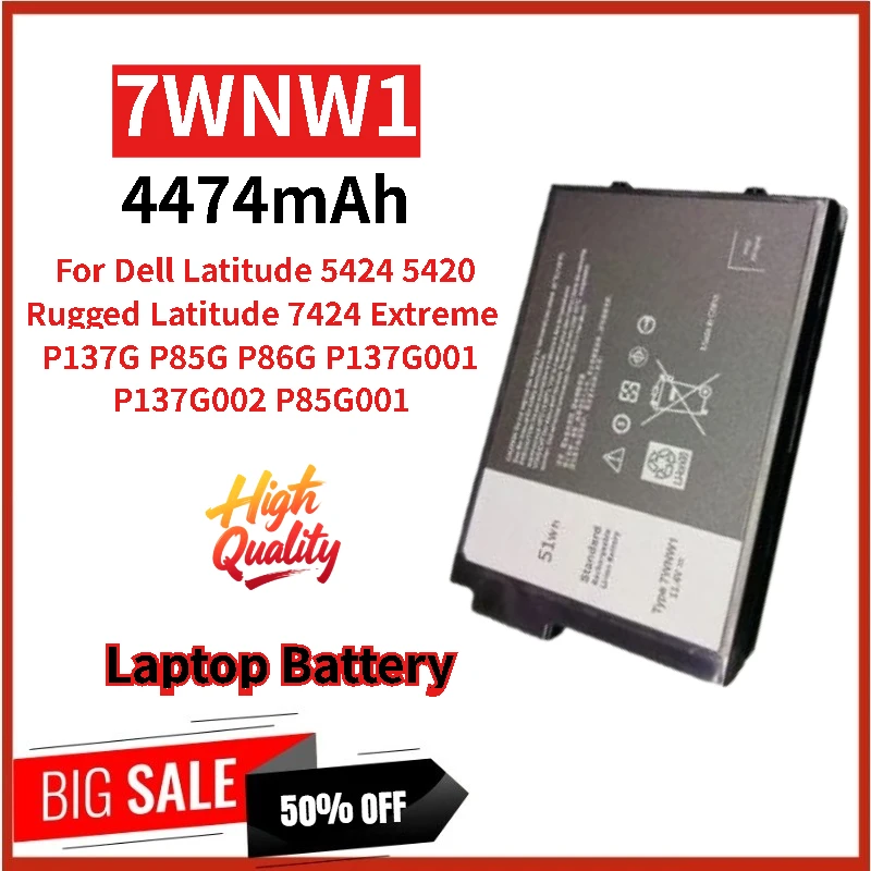 New High Quality Laptop Battery 7WNW1 11.4V 4474mAh For Dell Latitude P137G001 P137G002 5420 5424 P85G P86G Replacement Battery