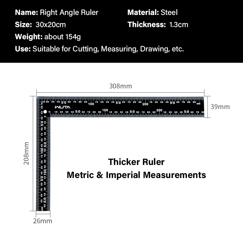 WUTA New Leather Craft Ruler Metal Angle Square Measuring L-Shaped Ruler Precision Double Sided SAE & METRIC Scale 300X200mm