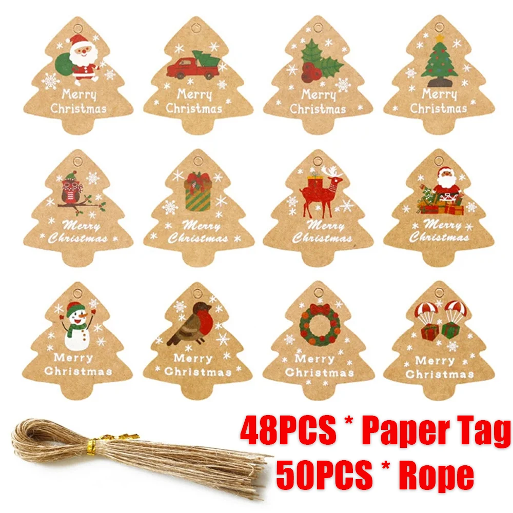 

48PCS DIY Kraft Tags Labels with Strings Christmas Tree Shape Paper Tag Gift Bags Boxes Hang Tag Xmas Party Packaging Supplies