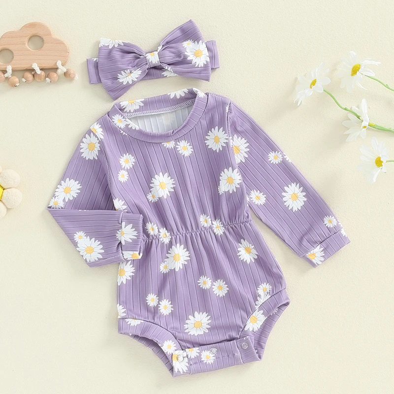 Baby Clothing Girl Floral Print Long Sleeve Ribbed Romper Bodysuit Headband  Newborn Fall Winter Clothes