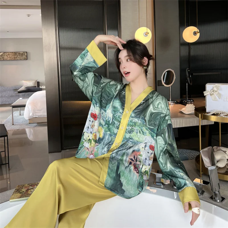 Novo pijama feminino terno primavera outono manga longa calças coreano moda luxuoso impresso terno doméstico