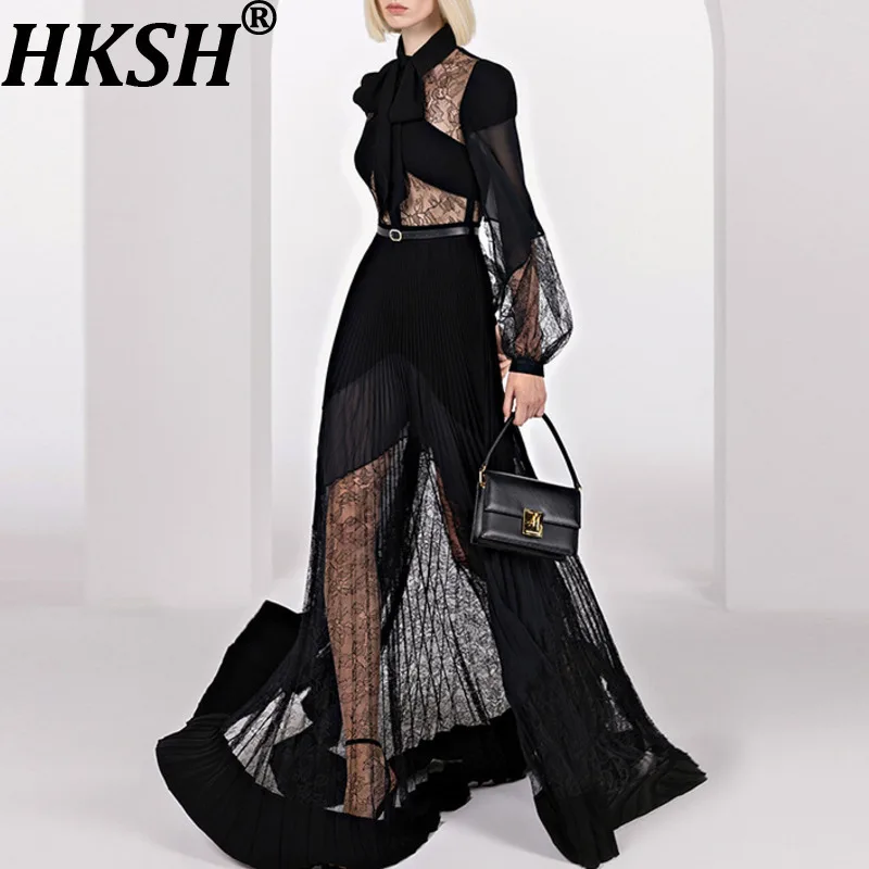 HKSH Spring Summer New Women American European Fashion Lace Mesh Patchwork Elegant Dress Trend Pleated Floor-Length Skirt HK8650