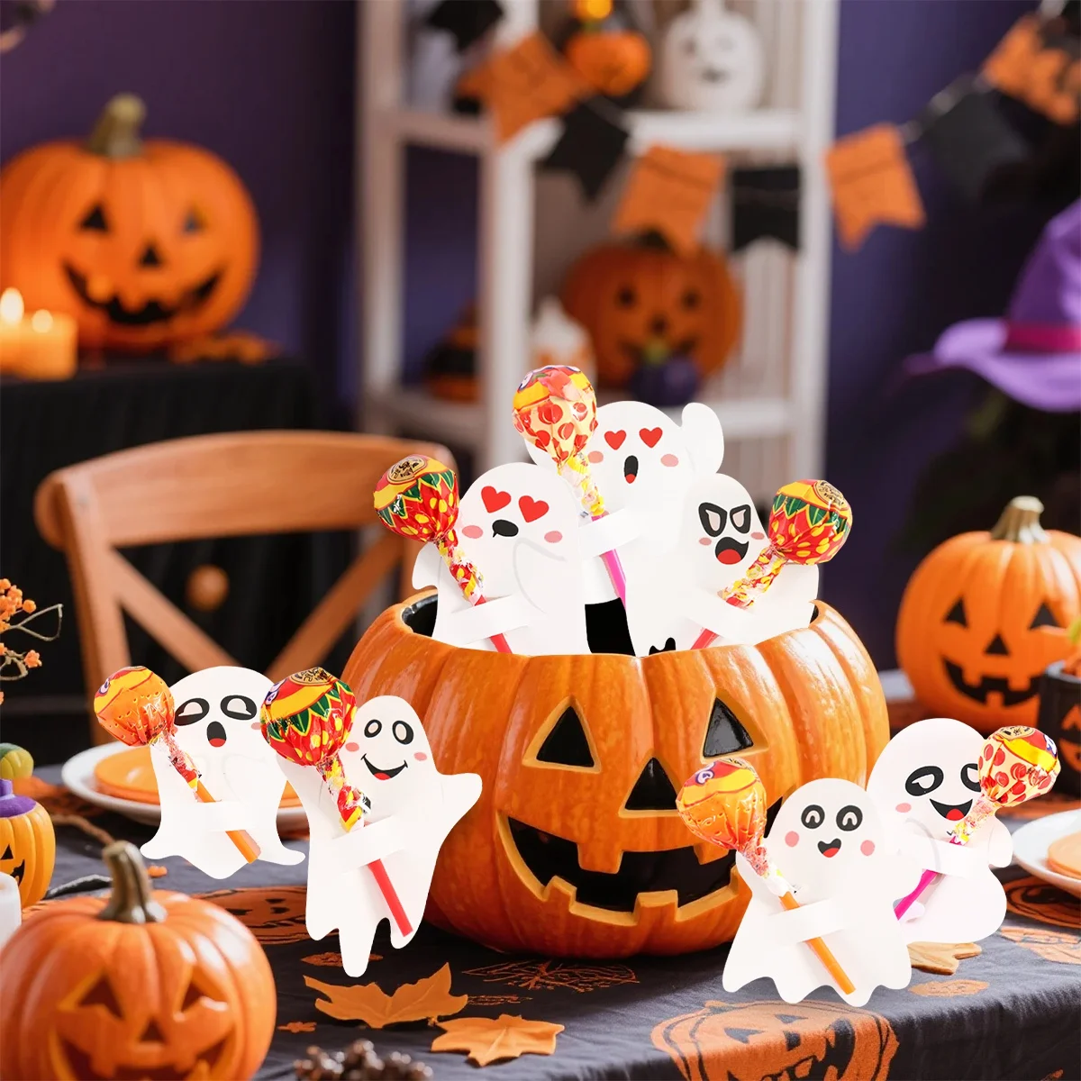 48 Stück Geister-Lutscherhalter, Happy Halloween Lutscher-Dekoration, Papierkarte, Trick or Treat Süßigkeiten-Set, Kinder-Halloween-Party – Detail 6